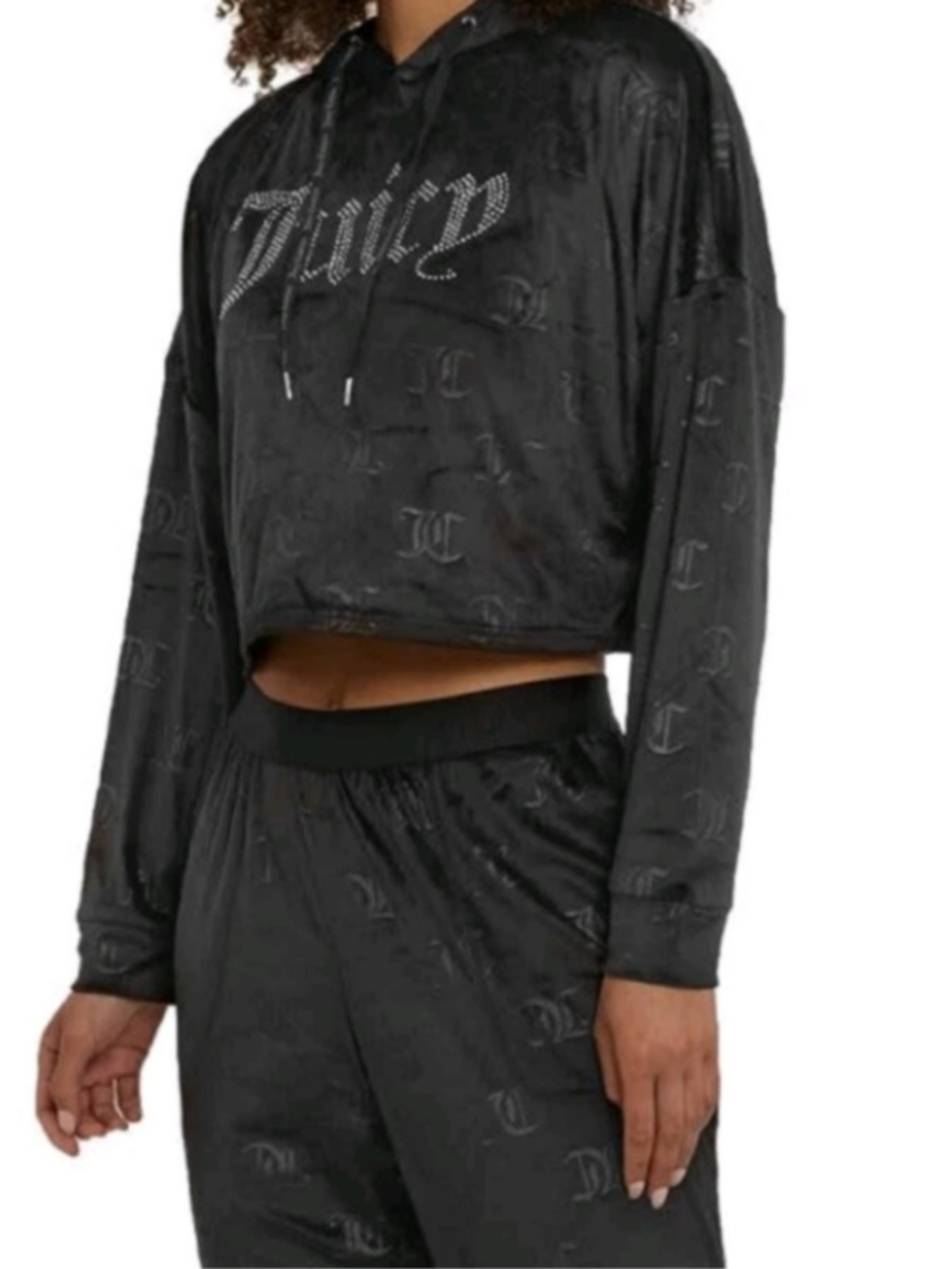 Juicy Couture Womens Black Velour Y2k Rhinestone AOP Cropped Hoodie Size Small